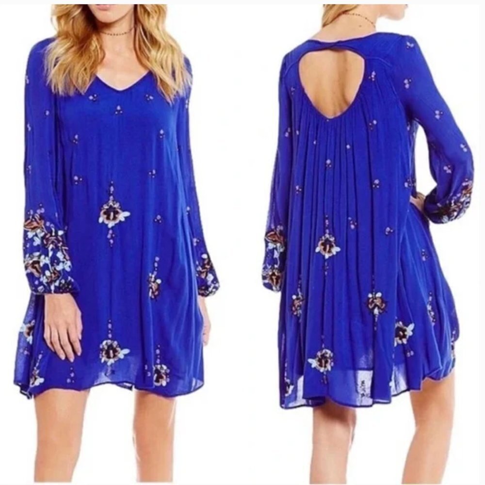 Free People Oxford Embroidered Blue Long Sleeve Cutout Back Mini Shift Dress M